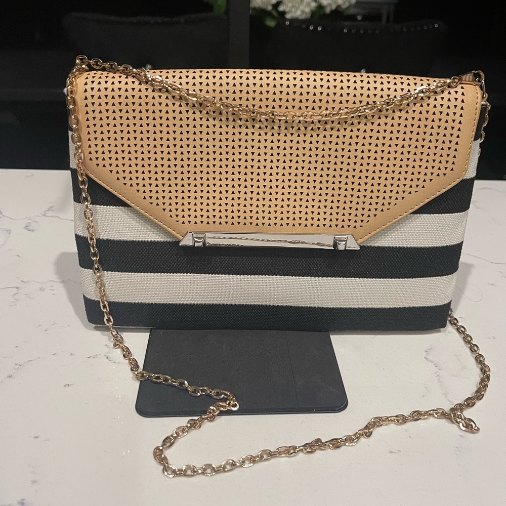 Stella & Dot Tan and Black Striped Clutch